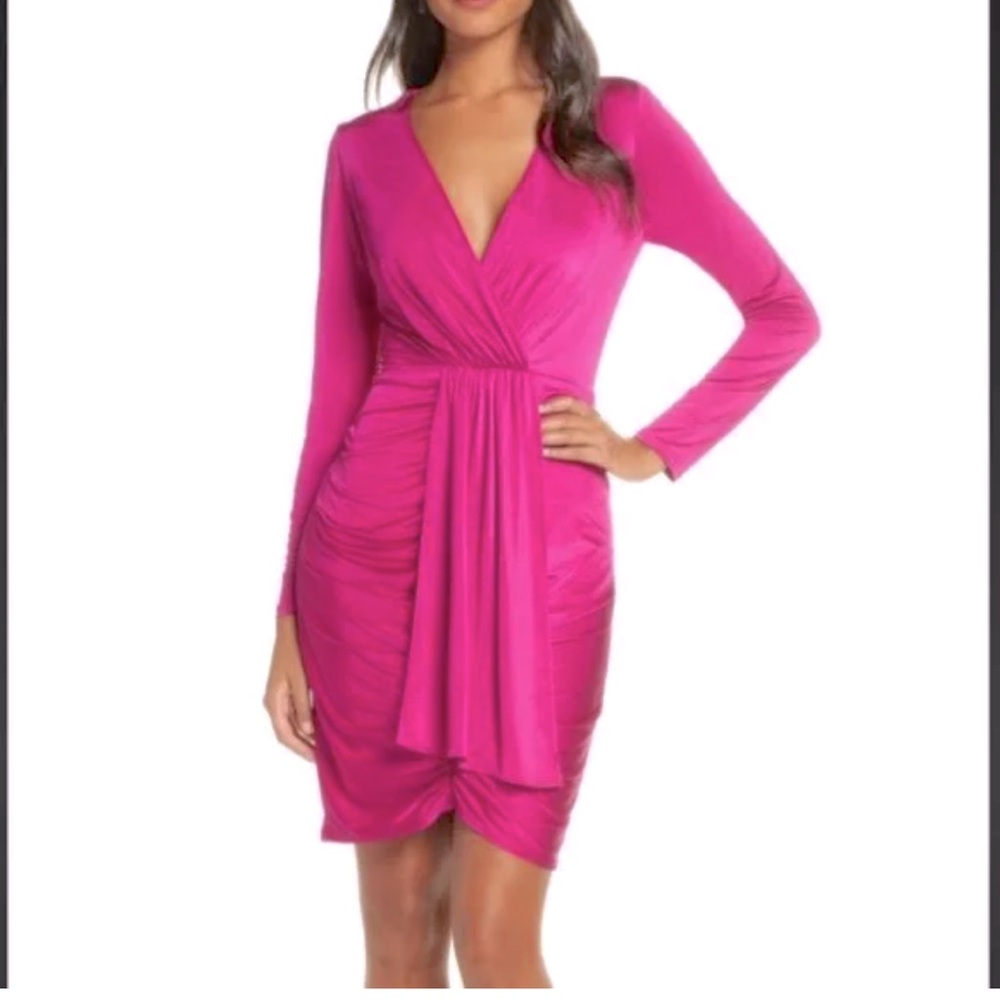 Eliza J Shirred Front Long Sleeve Cocktail Dress Magenta Stretch Jersey NWT-4